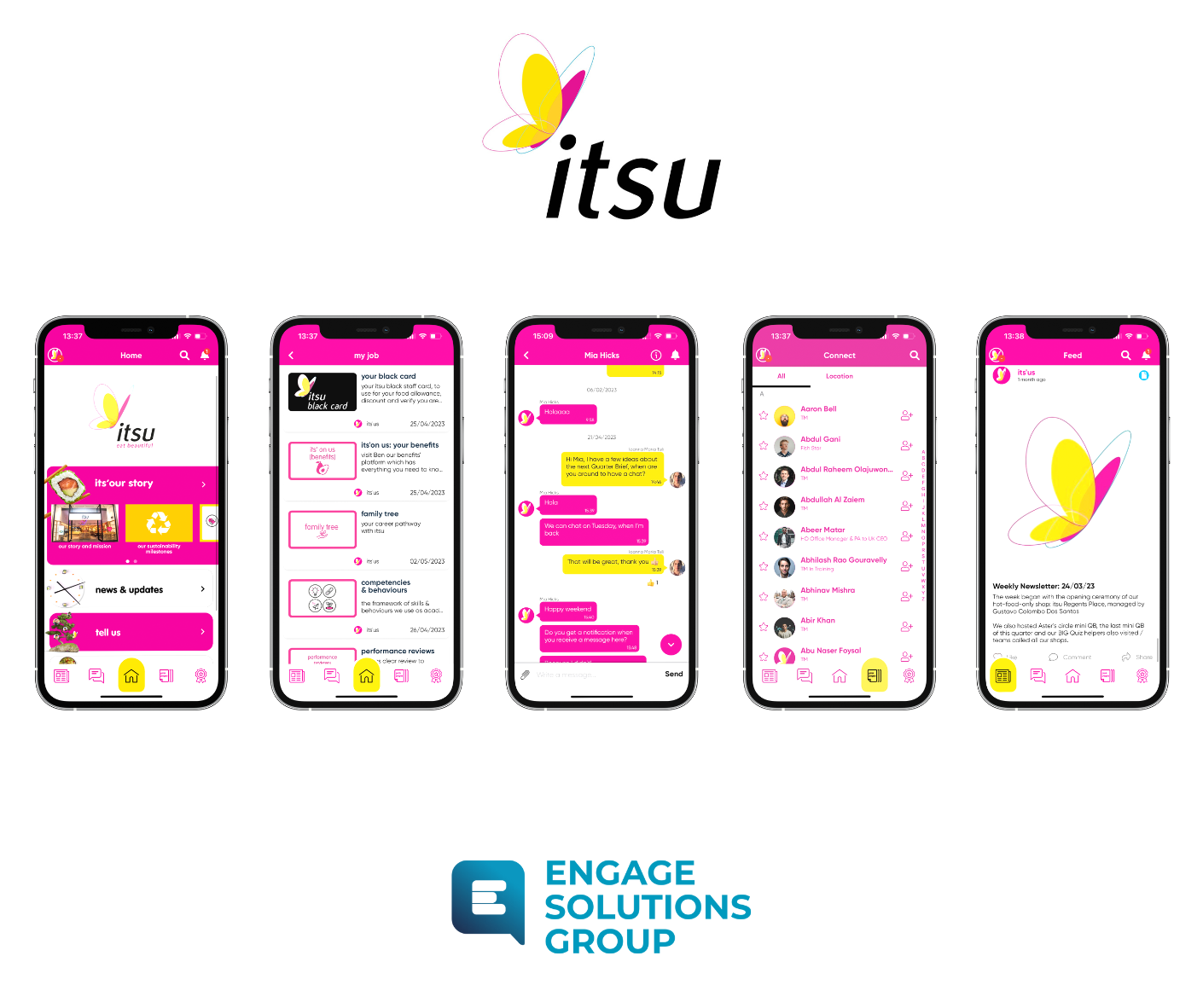 Five screenshots of the itsu 'its'su' employee app powered by Engage Solutions Group, a Employee Experience Platform